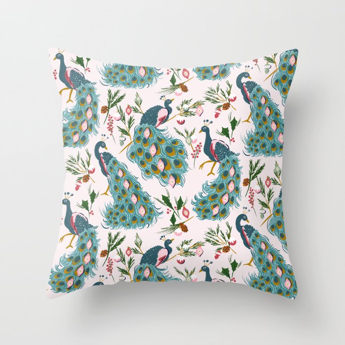Ornamented Peacocks - Winter Holiday Throw Pillow