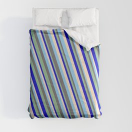 [ Thumbnail: Light Sky Blue, Dim Gray, Dark Sea Green, Blue & Bisque Colored Lined/Striped Pattern Comforter ]