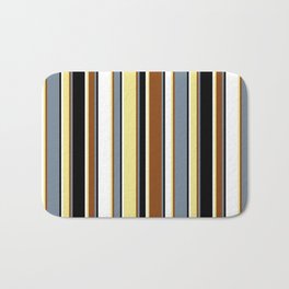 [ Thumbnail: Eyecatching Light Slate Gray, Brown, Tan, White & Black Colored Lines/Stripes Pattern Bath Mat ]