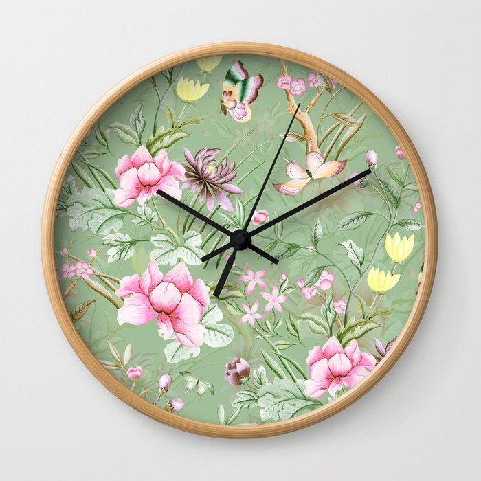 Vintage & Shabby Chic Chinoserie Pastel Spring Green Flowers And Birds Garden Wall Clock