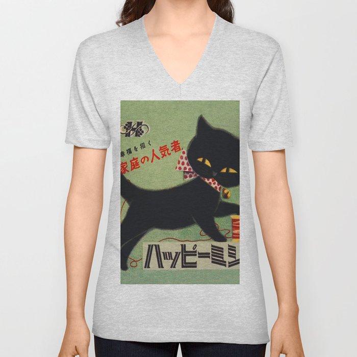 Vintage Japanese Black Cat V Neck T Shirt