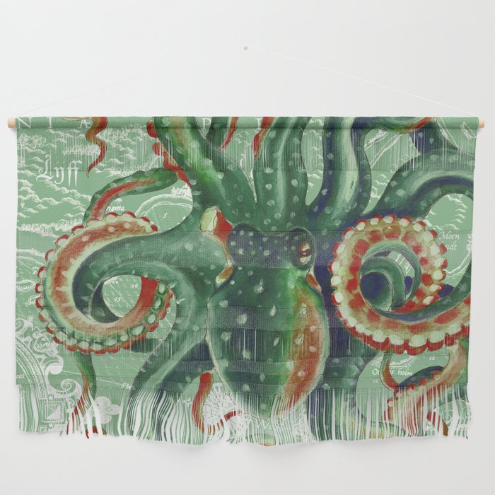 Octopus Tentacles Green Vintage Map Nautical Beach Marine Wall Hanging