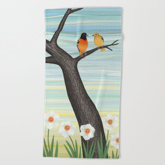 Orioles and daffodils Beach Towel
