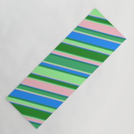 [ Thumbnail: Eye-catching Forest Green, Sea Green, Green, Pink & Blue Colored Lined/Striped Pattern Yoga Mat ]