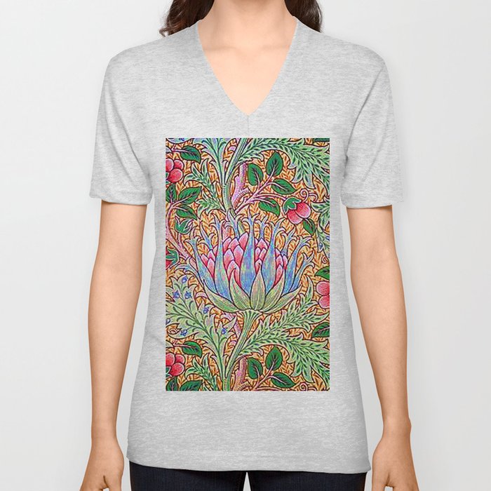 William Morris Artichoke ,Art Nouveau Floral Leaves,Decorative,Victorian,Botanical,vintage Arts And Crafts, V Neck T Shirt