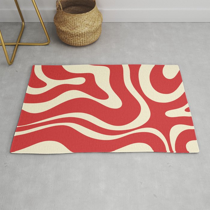 Modern Liquid Swirl Abstract Pattern in Retro Christmas Red and Cream Rug