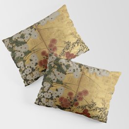 White Red Chrysanthemums Floral Japanese Gold Screen Pillow Sham | Vintage, Goldleaf, Floral, Nature, Traditional, Painting, Screen, Japanese, Flower, White 