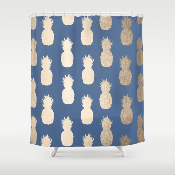 Gold Pineapples On Aegean Blue Shower Curtain By Followmeinstead