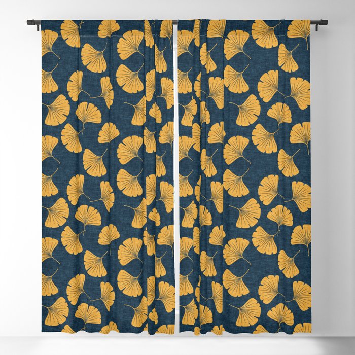 ginkgo leaves - saffron on dark blue Blackout Curtain