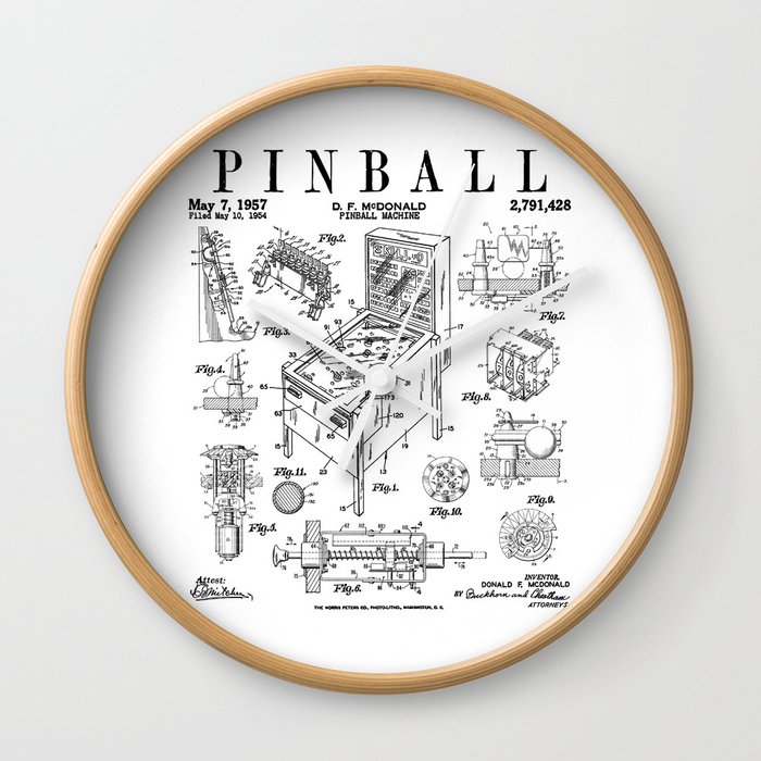 Pinball Arcade Gaming Machine Vintage Gamer Patent Print Wall Clock