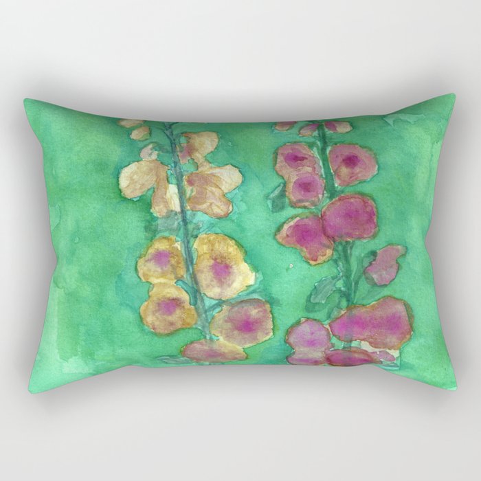 Hollyhock Foxglove Watercolor Honey & Berry on Green Rectangular Pillow