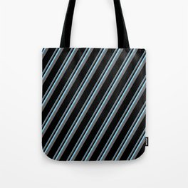 [ Thumbnail: Sky Blue, Dim Grey, and Black Colored Pattern of Stripes Tote Bag ]