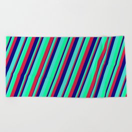 [ Thumbnail: Turquoise, Green, Crimson & Blue Colored Lines Pattern Beach Towel ]