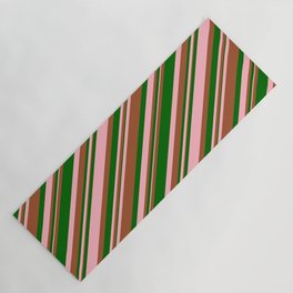[ Thumbnail: Light Pink, Sienna, and Dark Green Colored Stripes Pattern Yoga Mat ]
