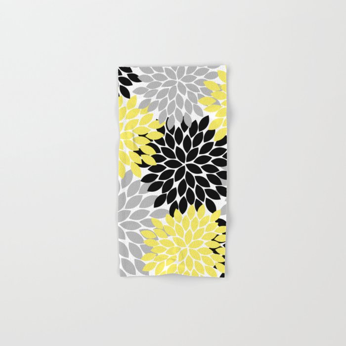 Yellow Black Gray Flower Burst Floral Pattern Hand & Bath Towel