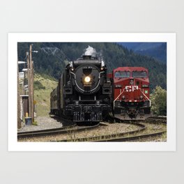 Old Meets New - The Canadian Pacific Steam Train 2816 meets a modern locomotive Art Print