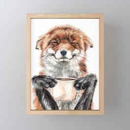 " Morning fox " Red fox with her morning coffee Framed Mini Art Print | Animal, Coffee, Kitchenart, Foxdrinkingcoffee, Cupofjoe, Curated, Cutefox, Mug, Coffeecup, Wildlifeart 