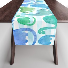 Watercolor Dinosaur Stripe Blue Table Runner