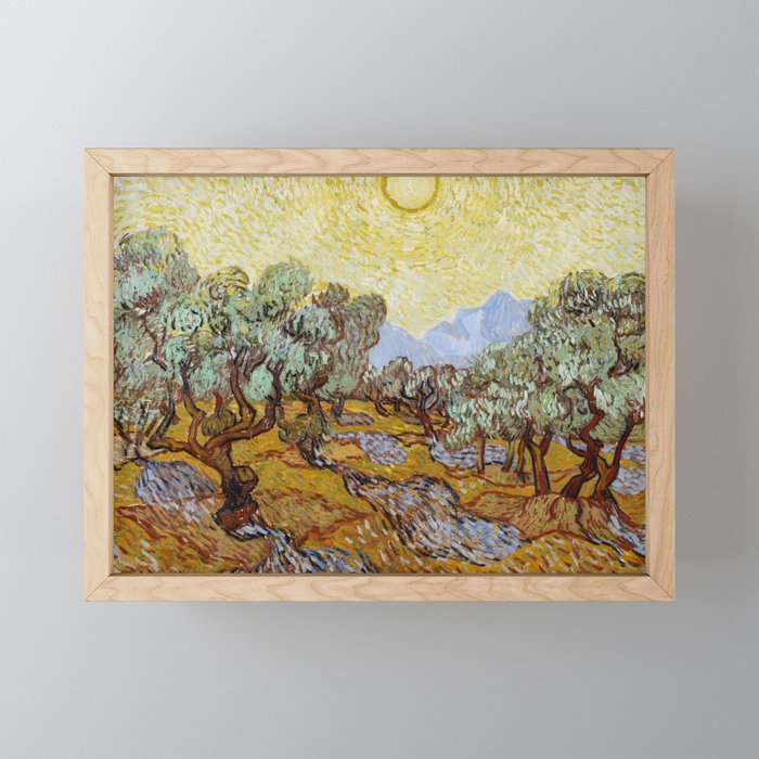 Vincent van Gogh Olive Trees with Yellow Sky and Sun Oil Painting Framed Mini Art Print