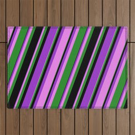 [ Thumbnail: Dark Orchid, Violet, Forest Green, and Black Colored Lines Pattern Outdoor Rug ]