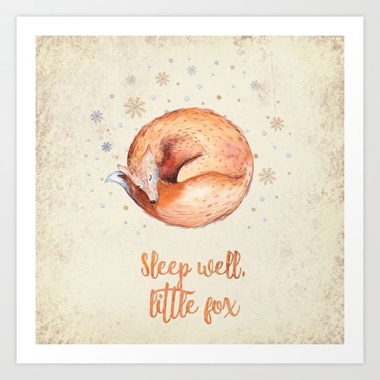 Sleep well little fox- Watercolor animal illustration and Typography Art Print