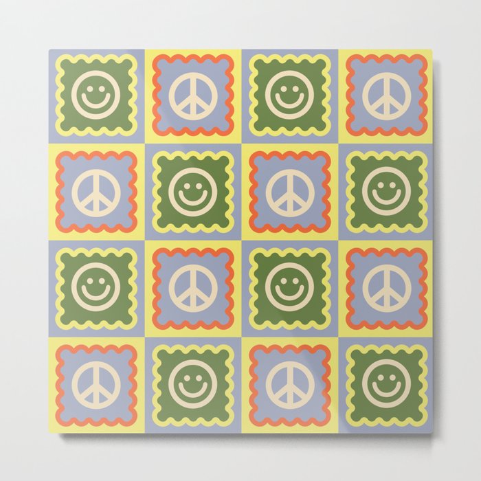 Funky Checkered Smileys and Peace Symbol Pattern \\ Multicolor Metal Print
