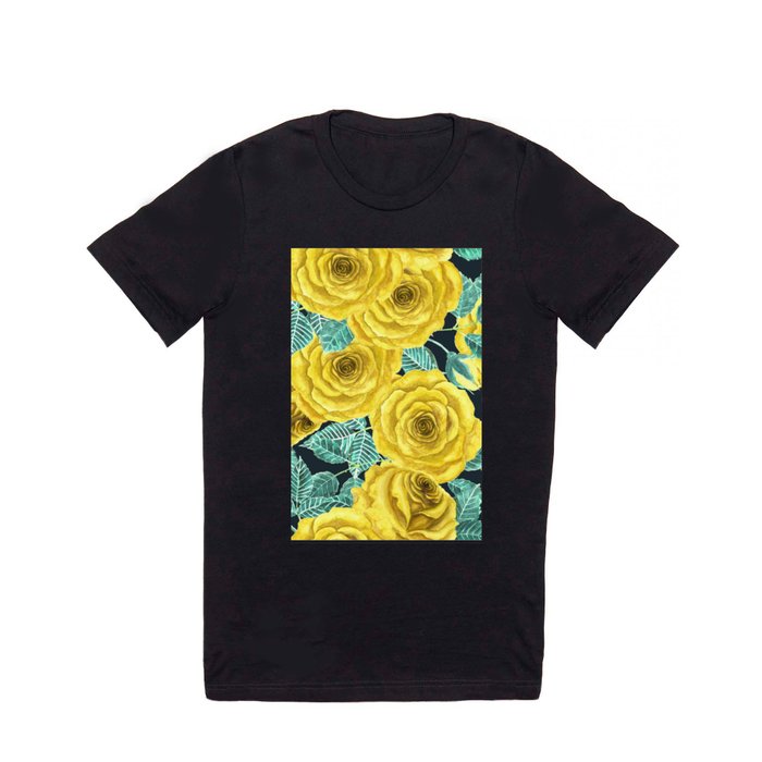 Yellow watercolor roses with leaves and buds pattern T Shirt