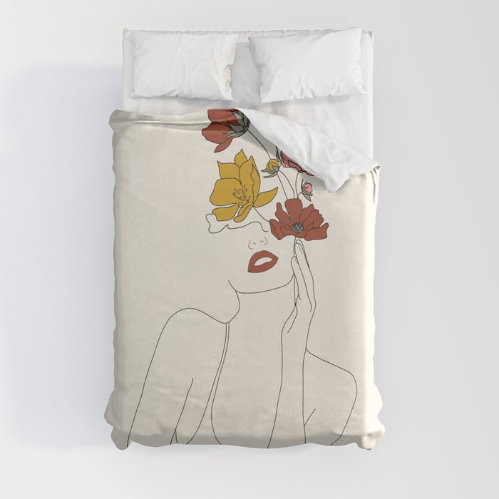 Colorful Thoughts Minimal Line Art Woman with Flowers Duvet Cover