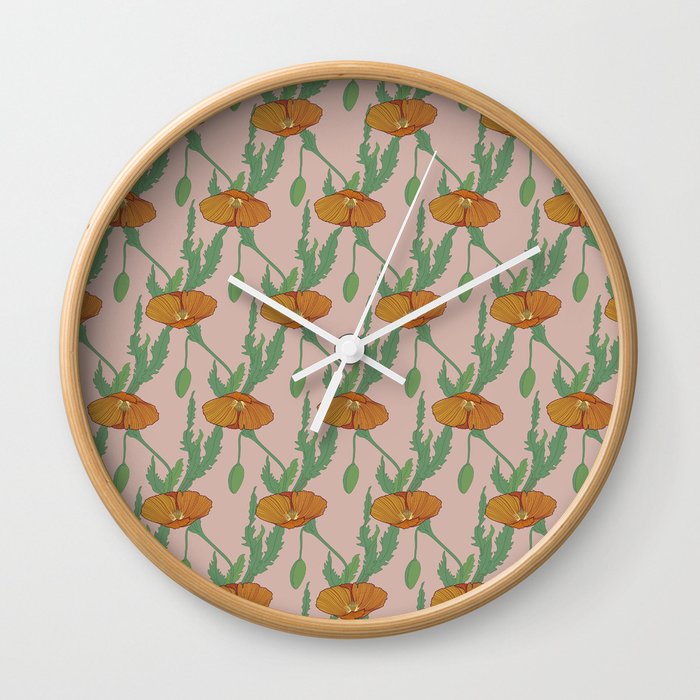 Orange Poppy with Greenery // small scale //Salmon Pink Background  Wall Clock