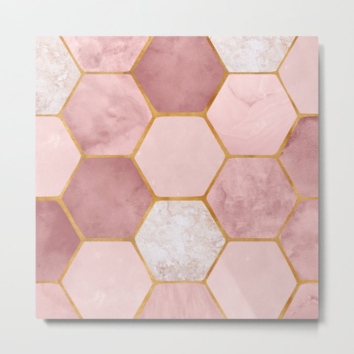 Pink and Gold Hexagon Quartz Metal Print