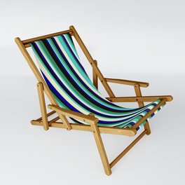 [ Thumbnail: Eyecatching Sea Green, Turquoise, Light Yellow, Dark Blue, and Black Colored Stripes/Lines Pattern Sling Chair ]