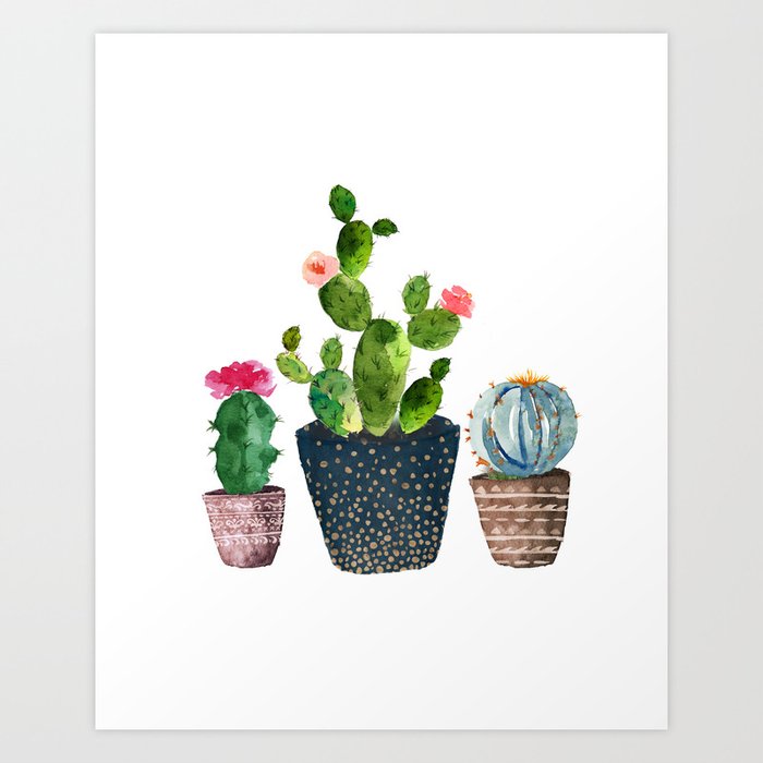Watercolor Cactus Trio Hand Painted Cactus Print Art Print By