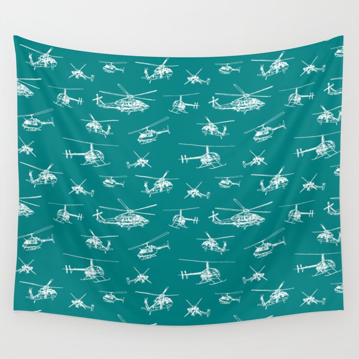 Helicopters on Teal Wall Tapestry