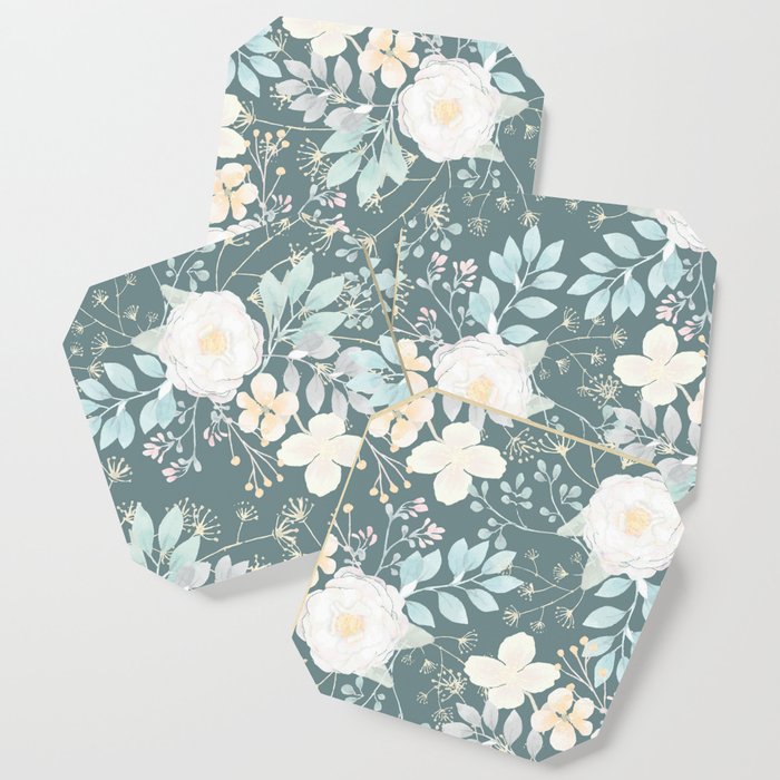 Aegean teal  pink white mint watercolor floral  Coaster