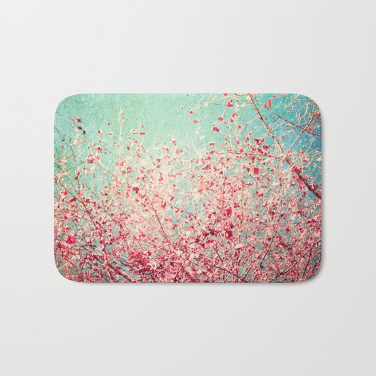 Blue Autumn, Pink leafs on blue, turquoise, green, aqua sky Bath Mat