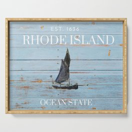 Ocean State - Rhode Island beach driftwood sailing / sailboat with portrait painting art Serving Tray