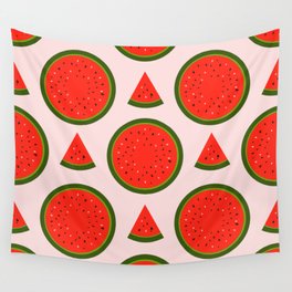 slices of red watermelon on a pink background Wall Tapestry