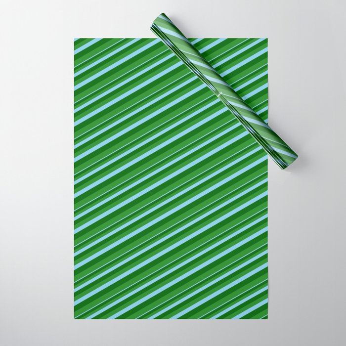 Sky Blue, Dark Green, and Forest Green Colored Lined Pattern Wrapping Paper