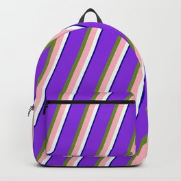 [ Thumbnail: Purple, Green, Light Pink, Mint Cream, and Dark Blue Colored Striped/Lined Pattern Backpack ]