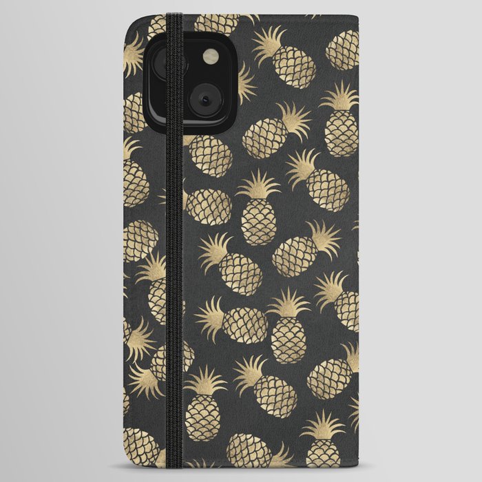Modern chalk black elegant faux gold pineapple pattern iPhone Wallet Case