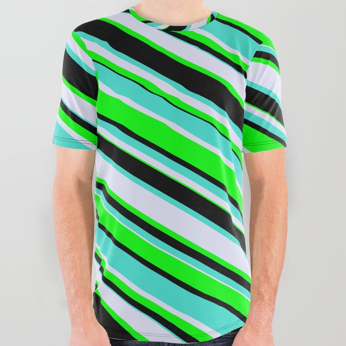 Turquoise, Lavender, Lime & Black Colored Lines Pattern All Over Graphic Tee