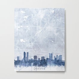 Denver Skyline & Map Watercolor Navy Blue, Print by Zouzounio Art Metal Print | Cityskyline, Denver, Cityscapmap, Cityscape, Watercolormap, Abstractwatercolor, Watercolor, Colorado, Graphicdesign, Zouzounioart 