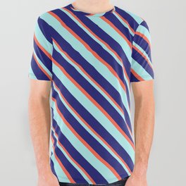 [ Thumbnail: Turquoise, Midnight Blue, and Red Colored Lines Pattern All Over Graphic Tee ]