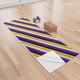 [ Thumbnail: Yellow, Chocolate, Lavender, Indigo, and Black Colored Lined Pattern Yoga Towel ]