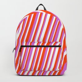 [ Thumbnail: Red, Orchid & White Colored Lined/Striped Pattern Backpack ]