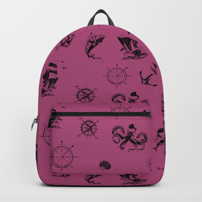 Magenta And Black Silhouettes Of Vintage Nautical Pattern Backpack