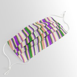 [ Thumbnail: Vibrant Dark Violet, Green, Dark Salmon, Beige, and Light Gray Colored Stripes/Lines Pattern Face Mask ]
