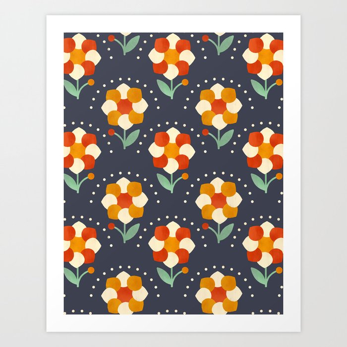 Simple Old-Fashioned Geometric Vibrant Flowers On Dark  Art Print