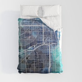 Chicago Illinois Map Navy Blue Turquoise Watercolor Duvet Cover