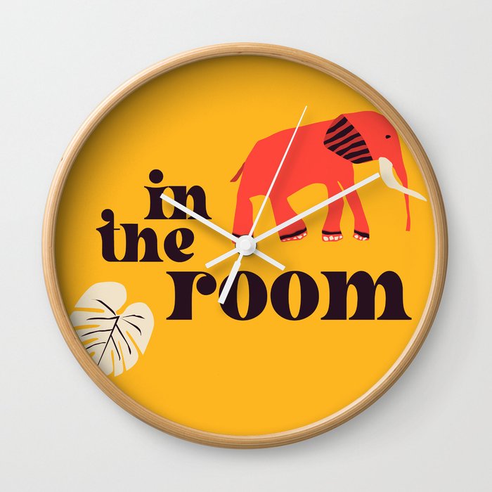 Elephant in the room: Retro font and art in bright red and yellow (with bonus monstera leaf) Wall Clock